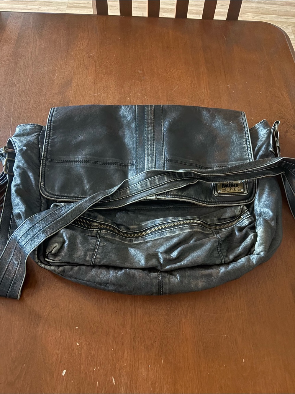 Billabong Black Faux Leather Messenger Bag with Front Zip Pocket